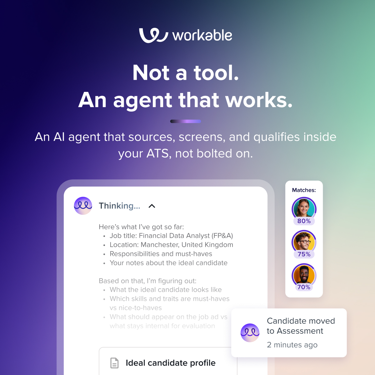 Workable ChatGPT ad — Not another chatbot. An actual agent.