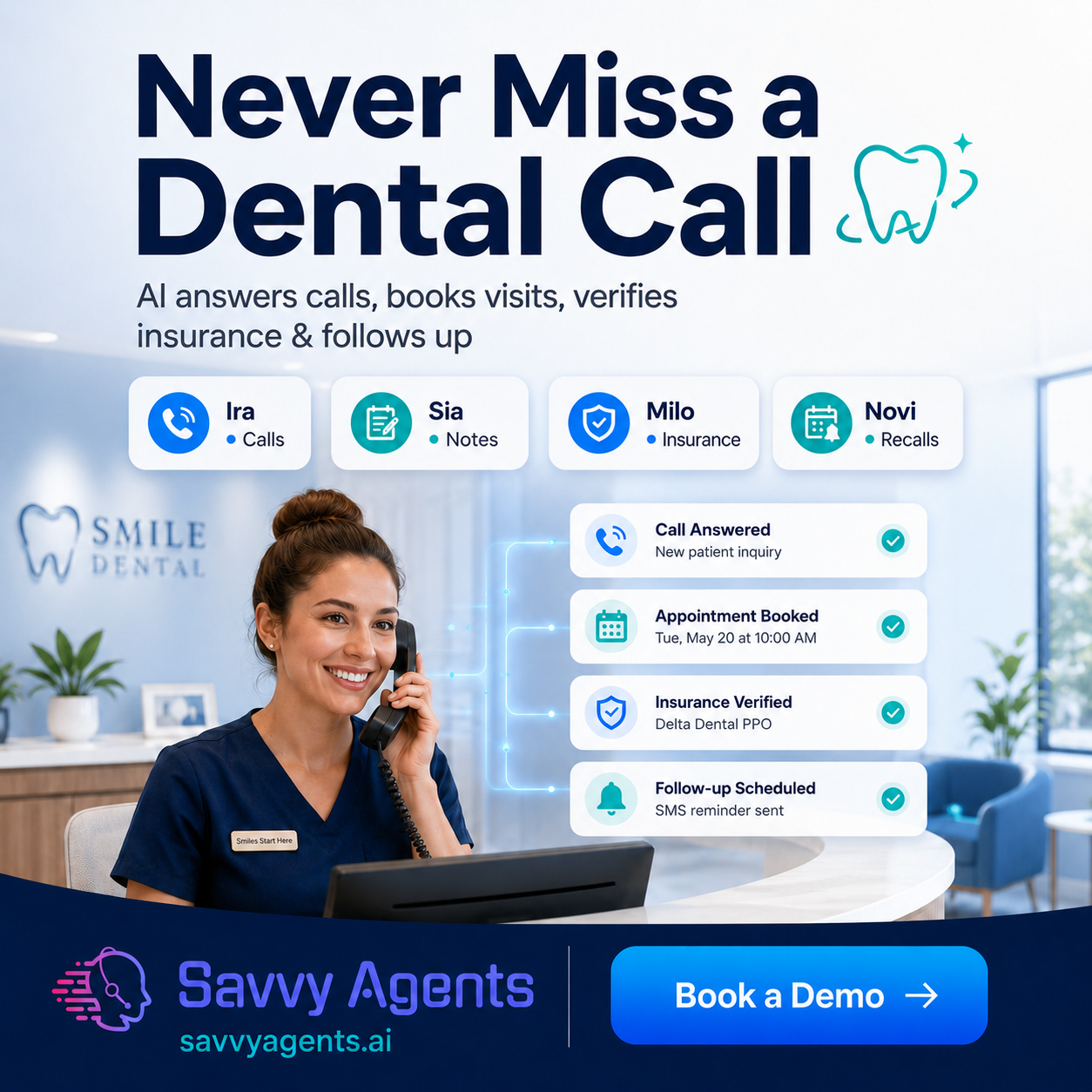 savvyagents.ai ChatGPT ad — AI Front Desk for Dental Clinics