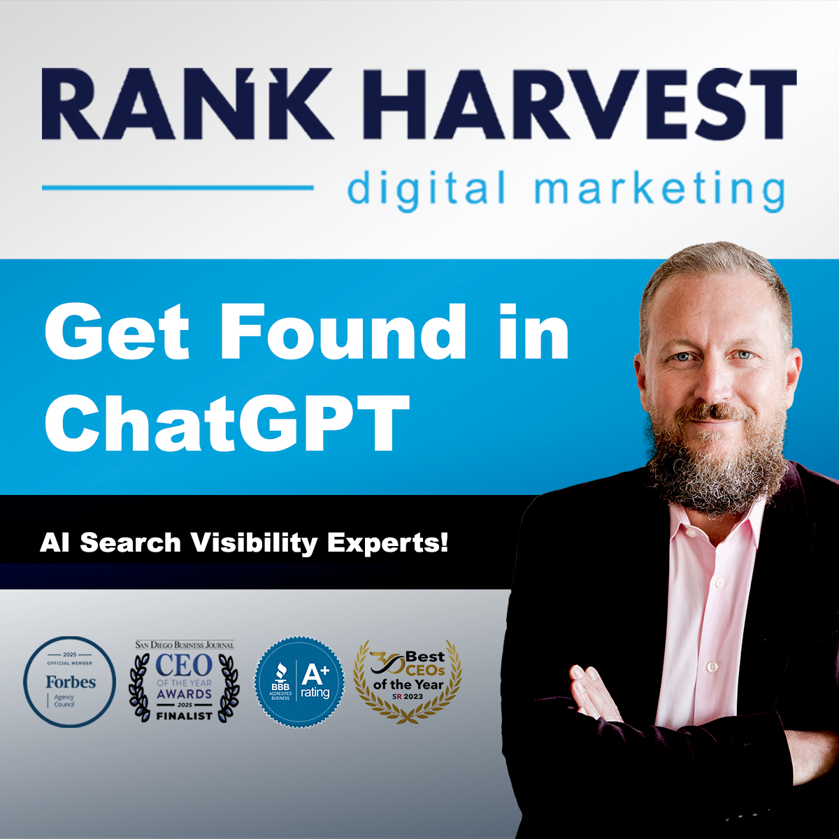 Rank Harvest, LLC ChatGPT ad — How Do I Rank in AI Search Results? in AI Search Optimization