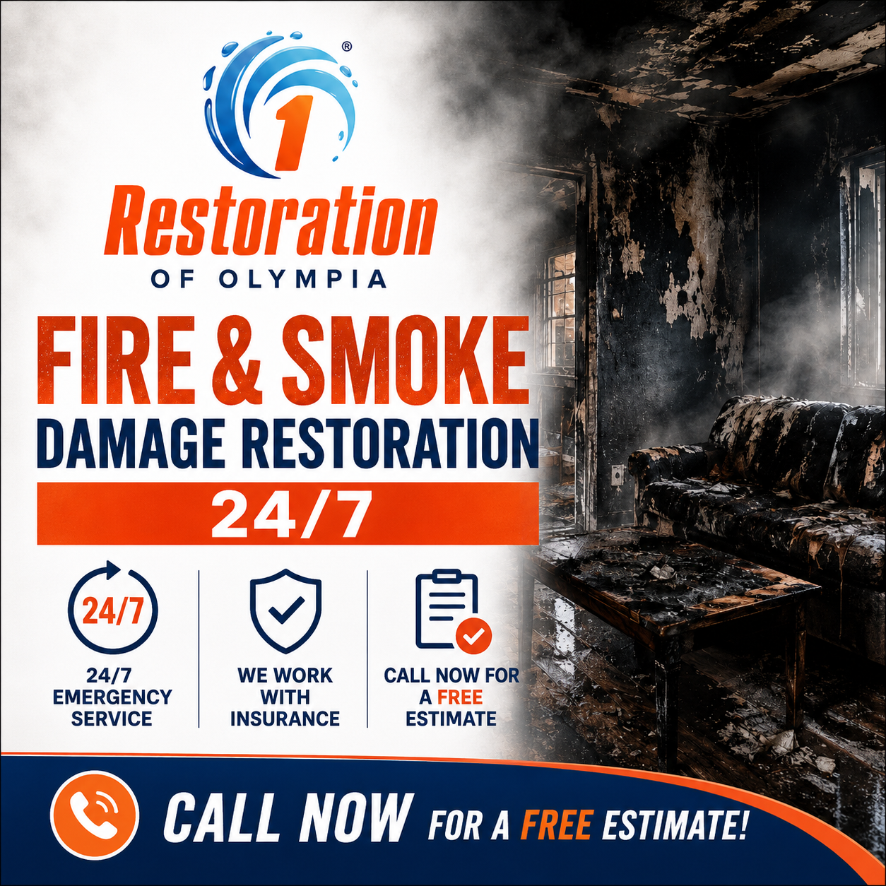 Restoration 1 of Olympia ChatGPT ad — Fire Damage Restoration — 24/7 Emergency Help