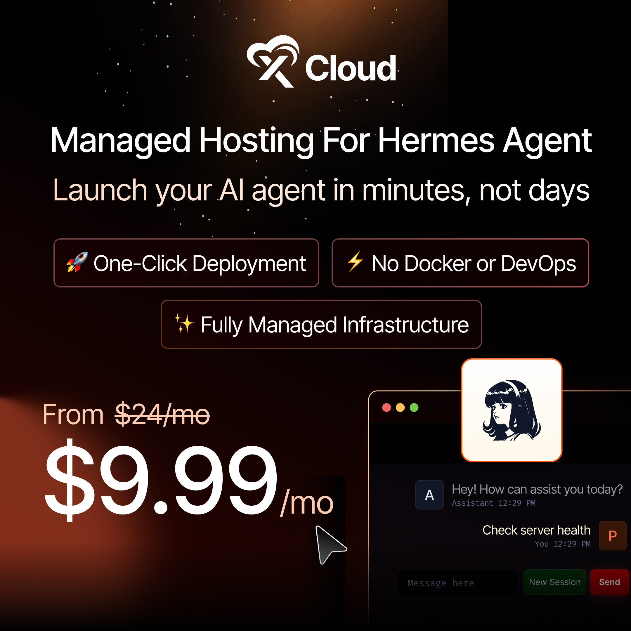 xCloud Hosting, LLC ChatGPT ad — Hermes Agent Hosting from $9/mo