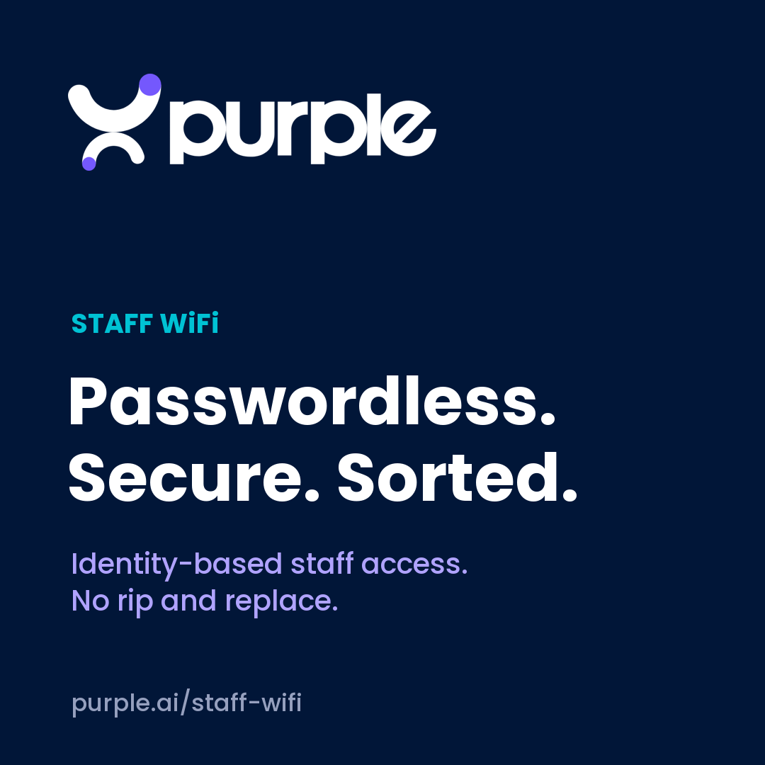 Purple ChatGPT ad — Passwordless staff WiFi, secured