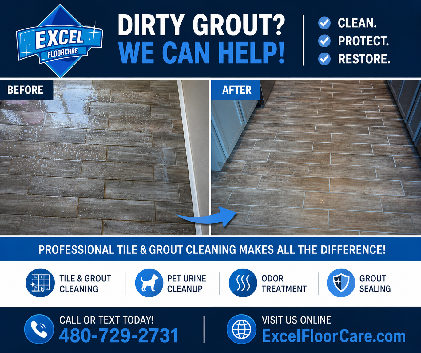Excel floor care ChatGPT ad — Make Dirty Grout Look New Again